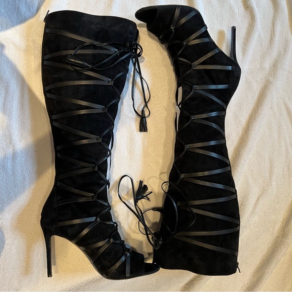 12 Vince Camuto Maddy lace up knee high black suede open toe stiletto boots - Picture 9 of 9